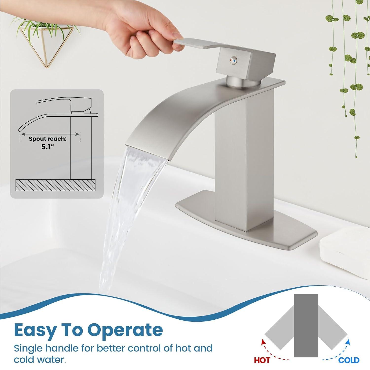 Waterfall Single Handle Bathroom Vanity Sink Faucet with Metal Pop-up Drain, Brushed Nickel Finish