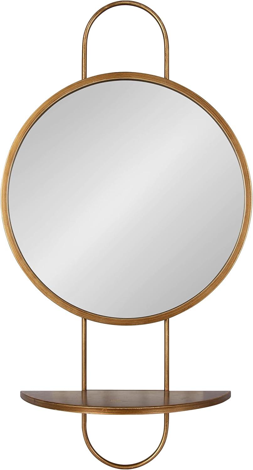 Gold Round Mirror with Wood Shelf, 19" x 33"