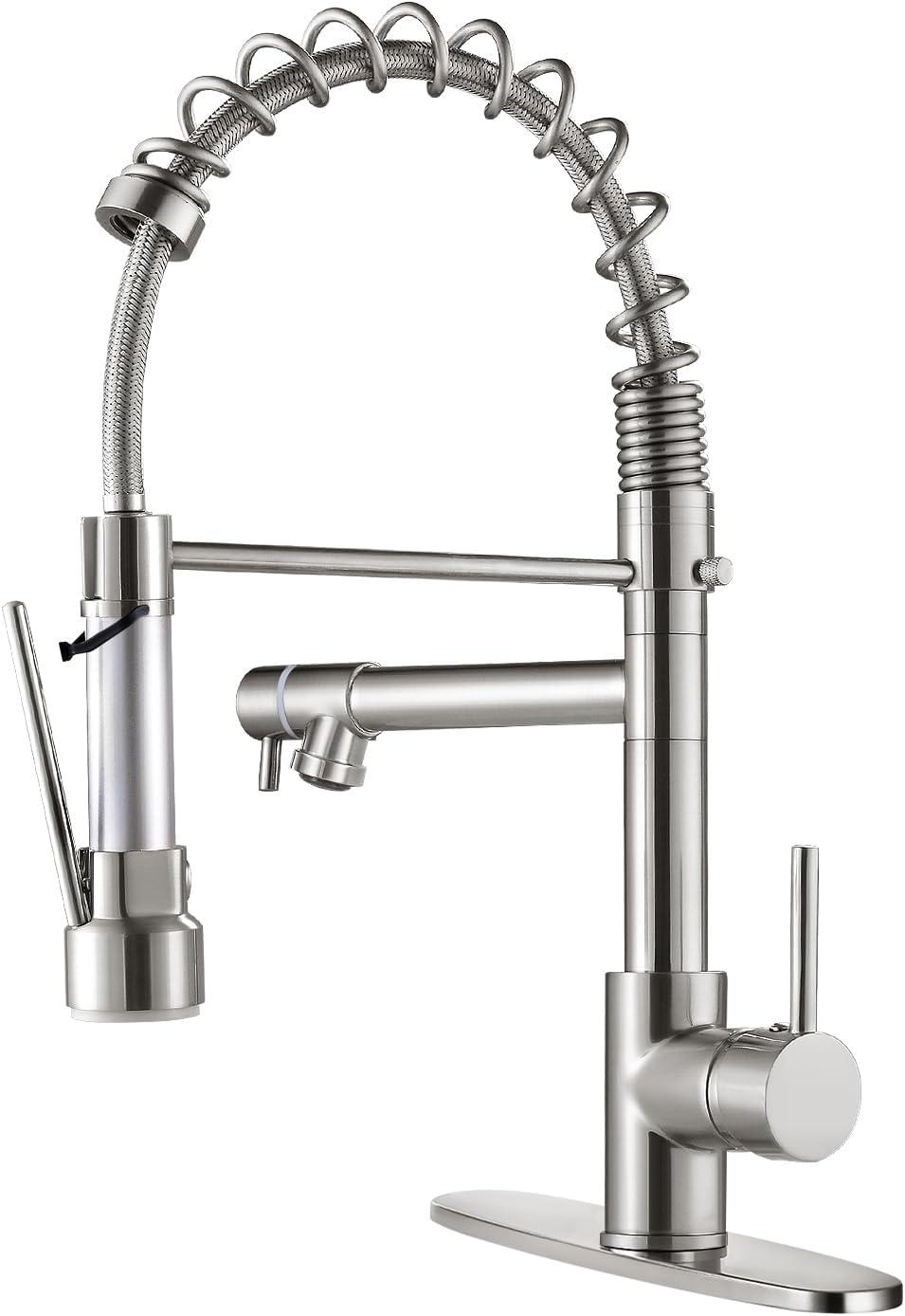 Stainless Steel Single Handle Spring Kitchen Sink Faucets with Sprayer, with Deck Plate