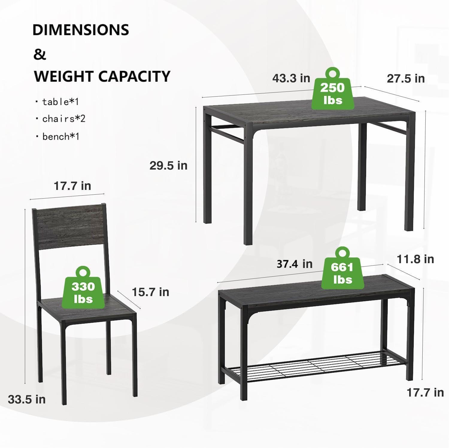 Homall Dining Table and 2 Chairs for 4 with Bench,4 Pices Indoor Outdoor Kitchen Living Room Furniture Garden Desk Set, Grey