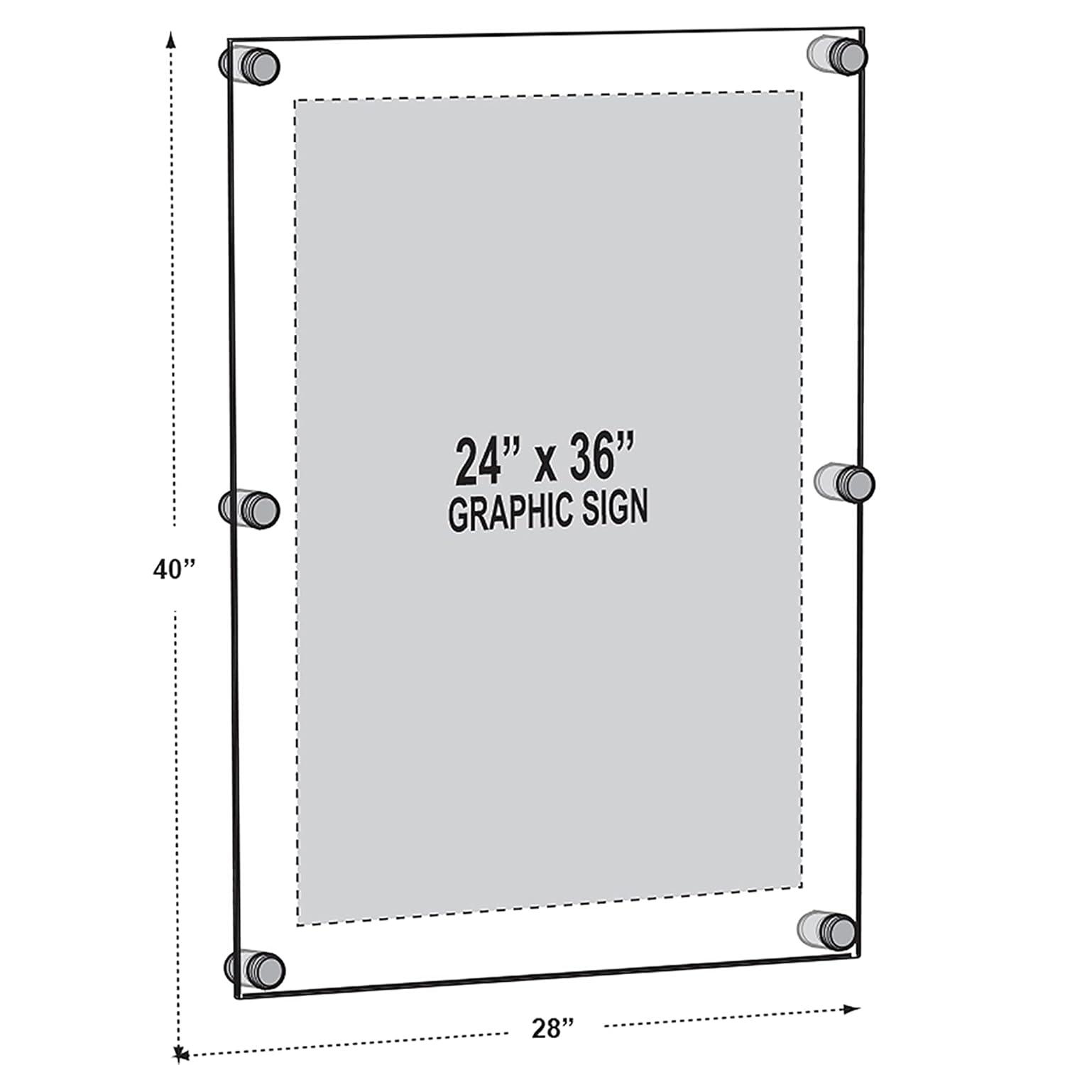 Azar Displays Floating Acrylic Wall Frame with Stand Off Caps: 24" x 36" Graphic Size, Overall Frame Size: 28" x 40" (Set of 2)