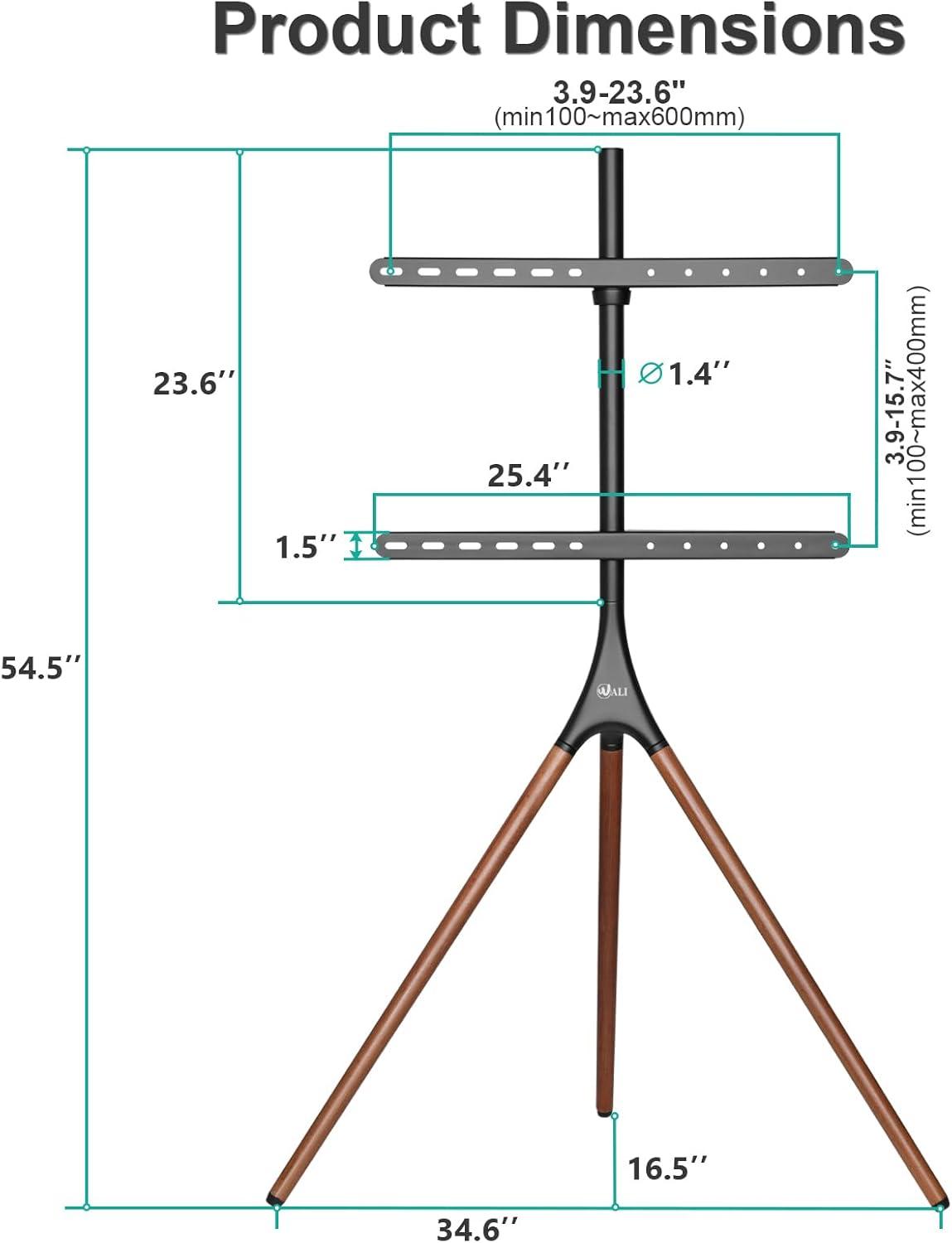 WALI Tripod TV Stand, Modern Easel TV Stand for 45 to 65 inch Screens, Portable TV Floor Stand with Beech Wood Legs Stand, Height Adjustable Corner TV Mount for Home, Studio,Office (TFS001XL), Black