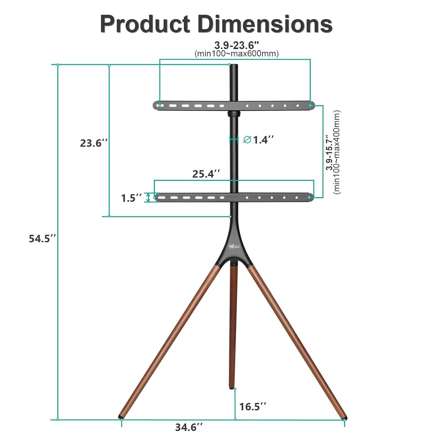 WALI Tripod TV Stand, Modern Easel TV Stand for 45 to 65 inch Screens, Portable TV Floor Stand with Beech Wood Legs Stand, Height Adjustable Corner TV Mount for Home, Studio,Office (TFS001XL), Black