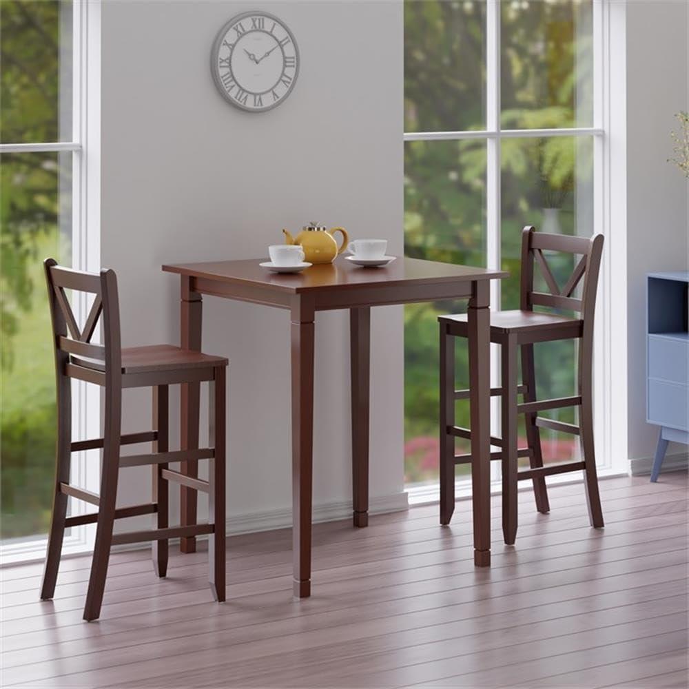 3pc Kingsgate Set Counter Height Dining Set with Bar Stools Wood/Walnut - Winsome: V-Back Chairs, Square High Table