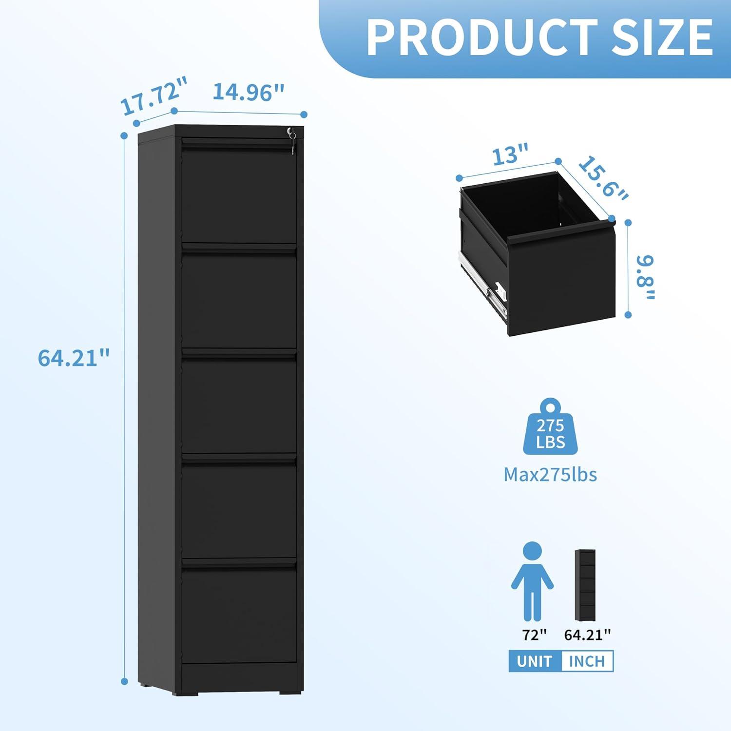 Deiokin 5 Drawer Office File Cabinet, Metal Vertical File Cabinet with Lock, Filing Storage Cabinet for Legal/Letter/A4/F4 Size