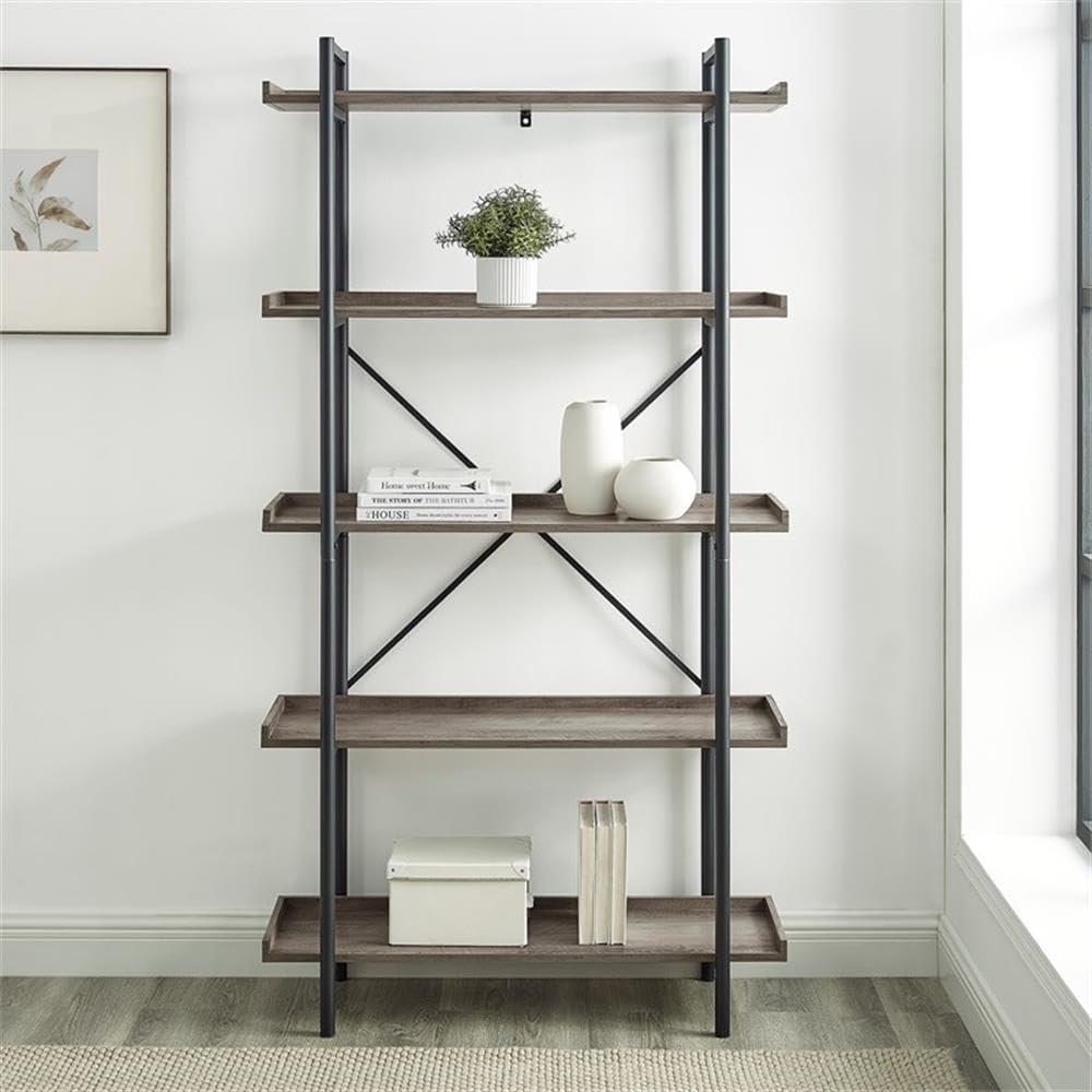 Urban Gray Wash 68" Industrial Metal 5-Shelf Bookcase