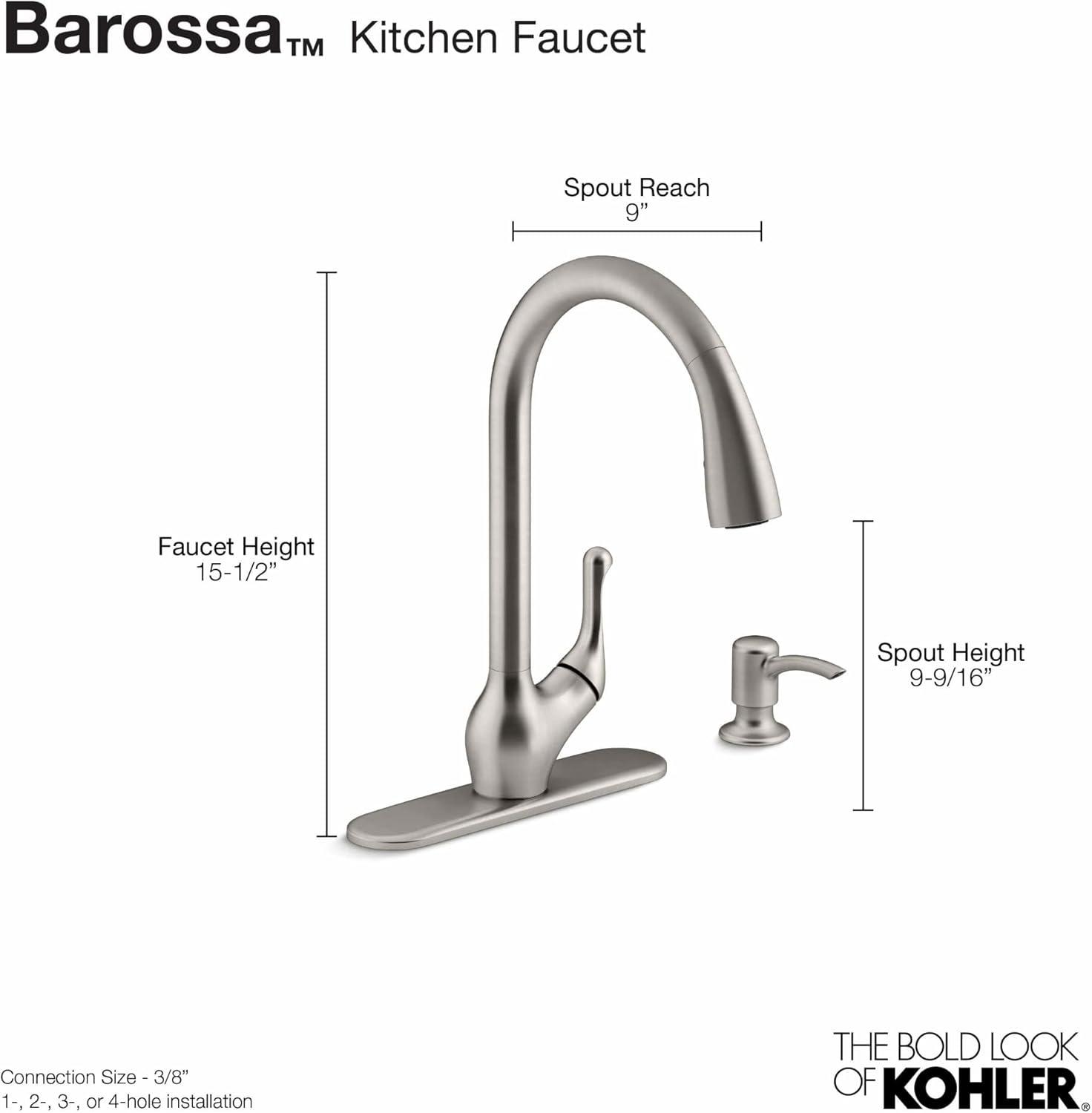 KH K-R776-SD-VS Barossa Single Handle Pull-Down Kitchen Faucet in Vibrant Stainless with Soap/Lotion Dispenser and DockNetik