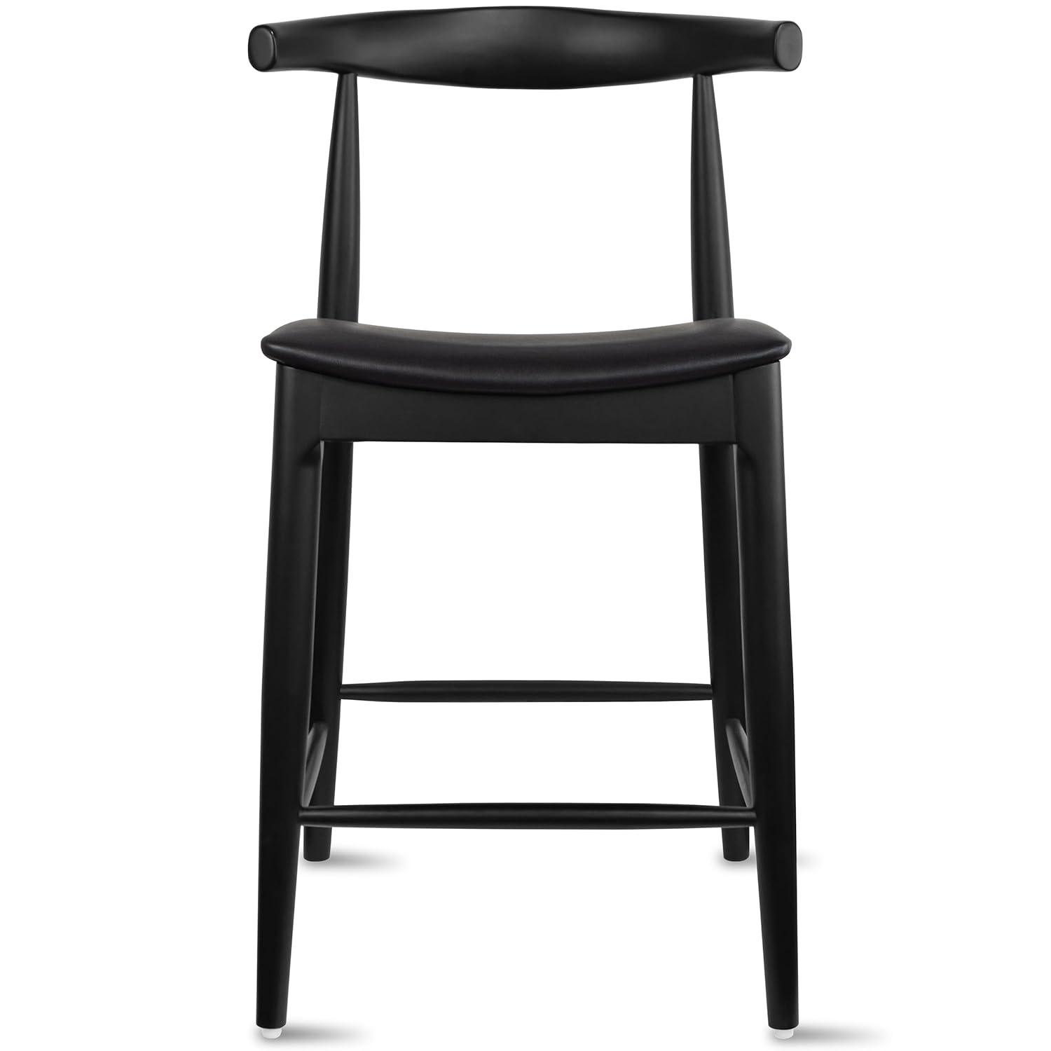 2xhome Elbow Countertop Height Bar Stool Wood Frame Bar Stools with Open Backs Dark PU Leahter Cushion Dark Black, Single, Set of 1