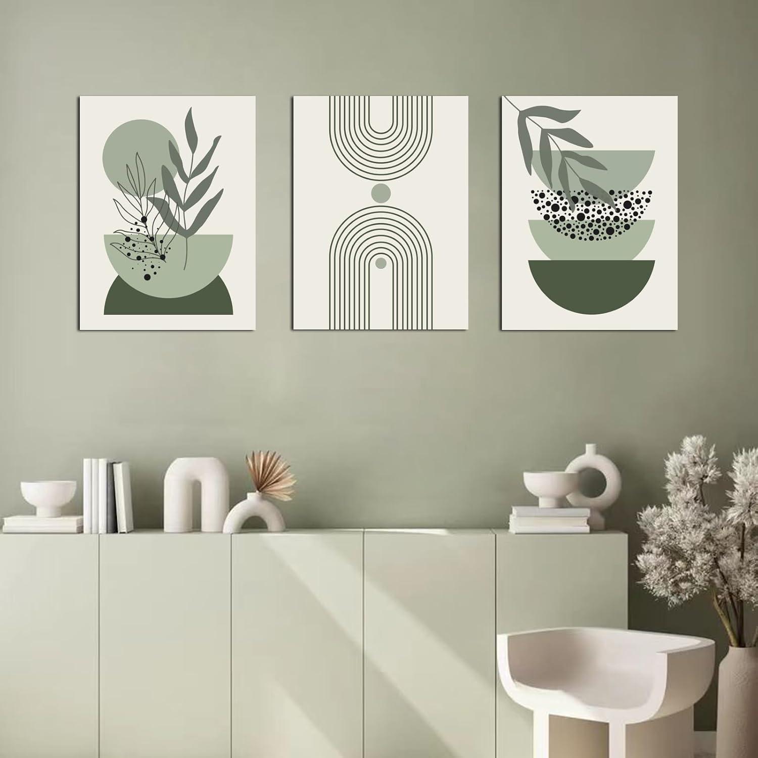 Sage Green Boho Wall Art Set of 3, Minimalist Framed Wall Art Geometric Line Leaf Sun Moon Beige Green Canvas Artwork Paintings, Abstract Botanical Boho Room Decor, Sage Green Wall Posters 12"x16"