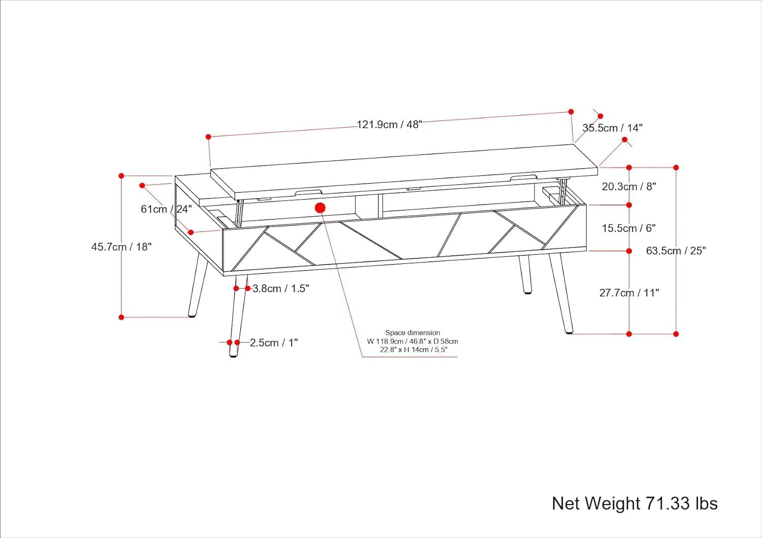 Simpli Home Jager 48"W Solid Mango Wood Contemporary Modern Lift Top Coffee Table with Hidden Storage and Geometric Brass Inlay