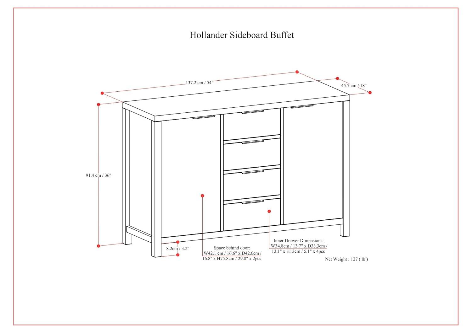 Simpli Home Hollander SOLID WOOD and Pine 54 inch x 18 inch Rectangle Contemporary Sideboard Buffet in Medium Saddle Brown