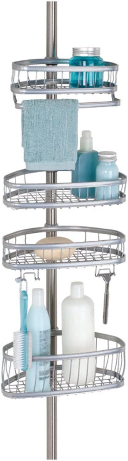 iDesign iDesign York Metal Wire Tension Rod Corner Shower Caddy, Adjustable 5'-9' Pole and Baskets, Silver