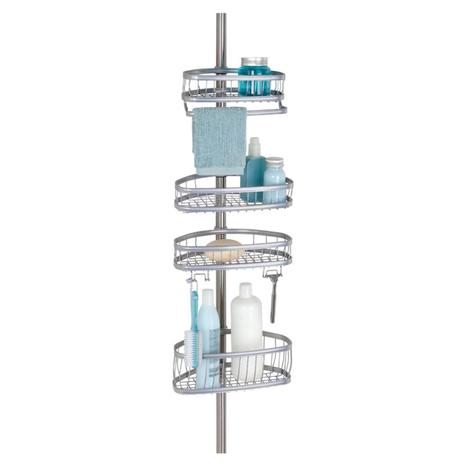 iDesign iDesign York Metal Wire Tension Rod Corner Shower Caddy, Adjustable 5'-9' Pole and Baskets, Silver