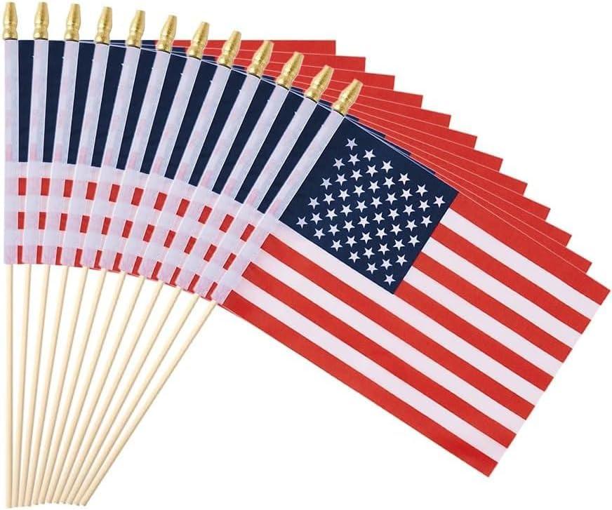 12 Pack Small American Flags Small US Flags/Mini American Flag on Stick 8x12 Inch US American Hand Held Stick Flags with Kid-Safe Spear Top, Polyester Full Color Tear-Resistant Flag