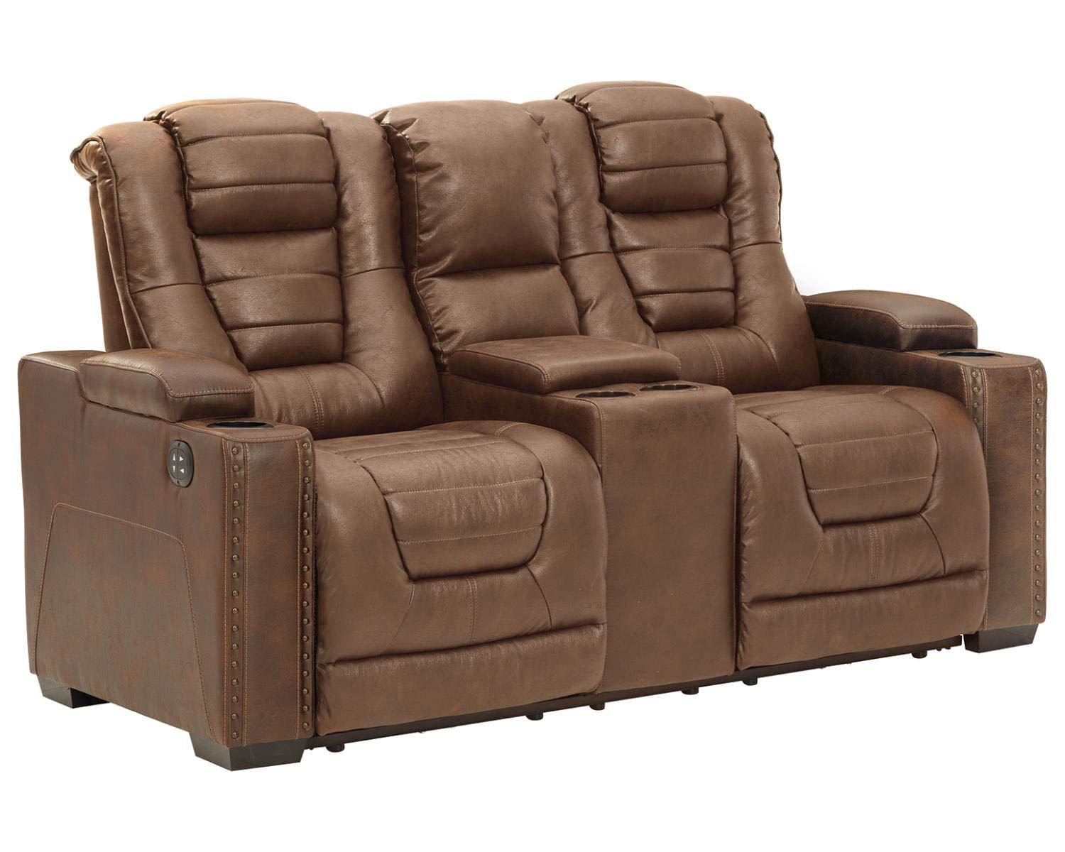 Ashley Furniture Owner's Box Faux Leather Power Reclining Loveseat in Dark Brown