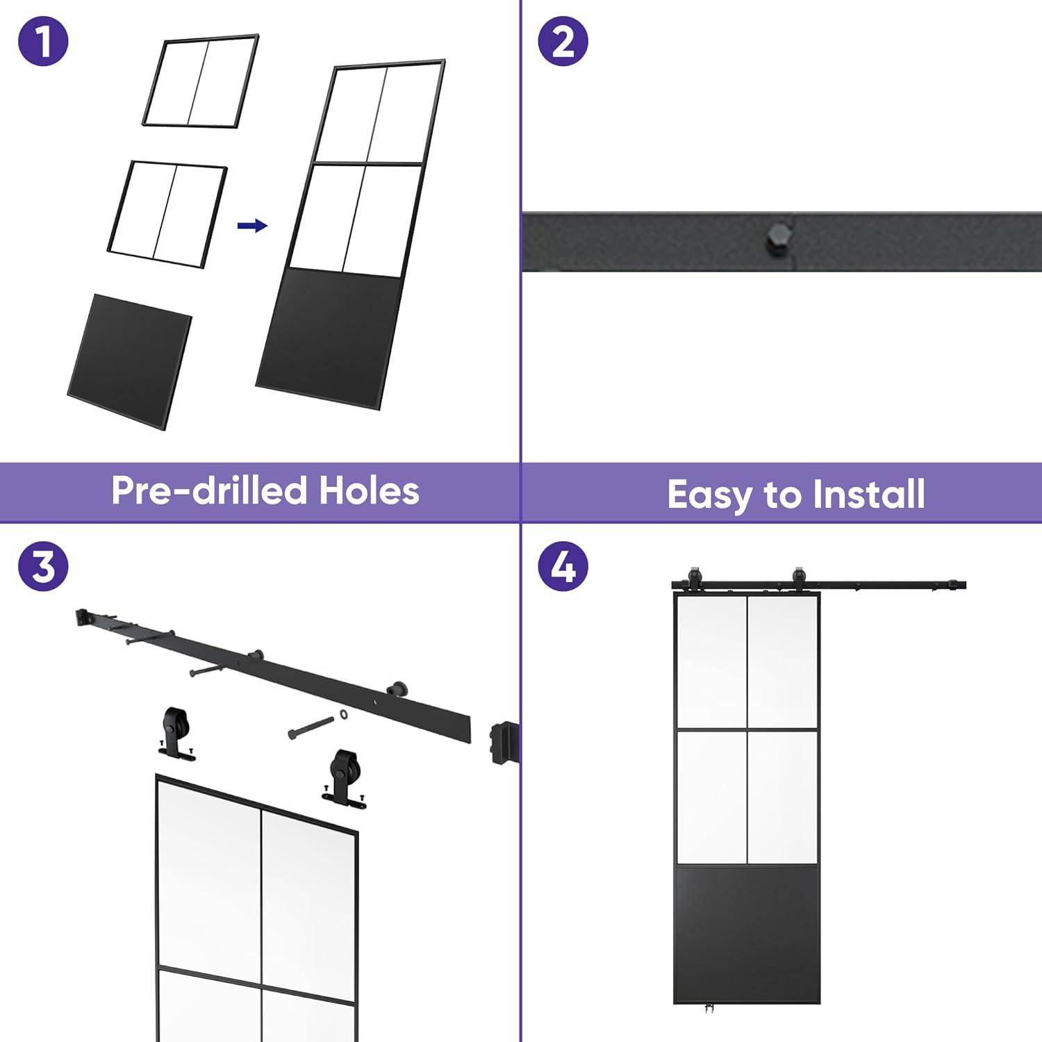 Metal and Glass Sliding Barn Door with Installation Hardware Kit ( Soft-close Included)