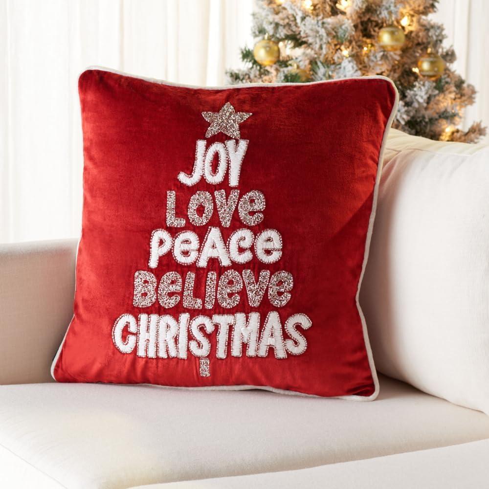 Festive Red and White Beaded Christmas Square Pillow