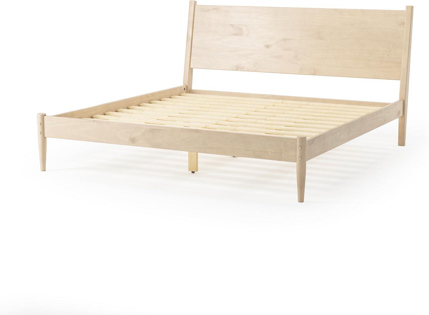 Mid-Century Light Oak King Pine Wood Upholstered Platform Bed