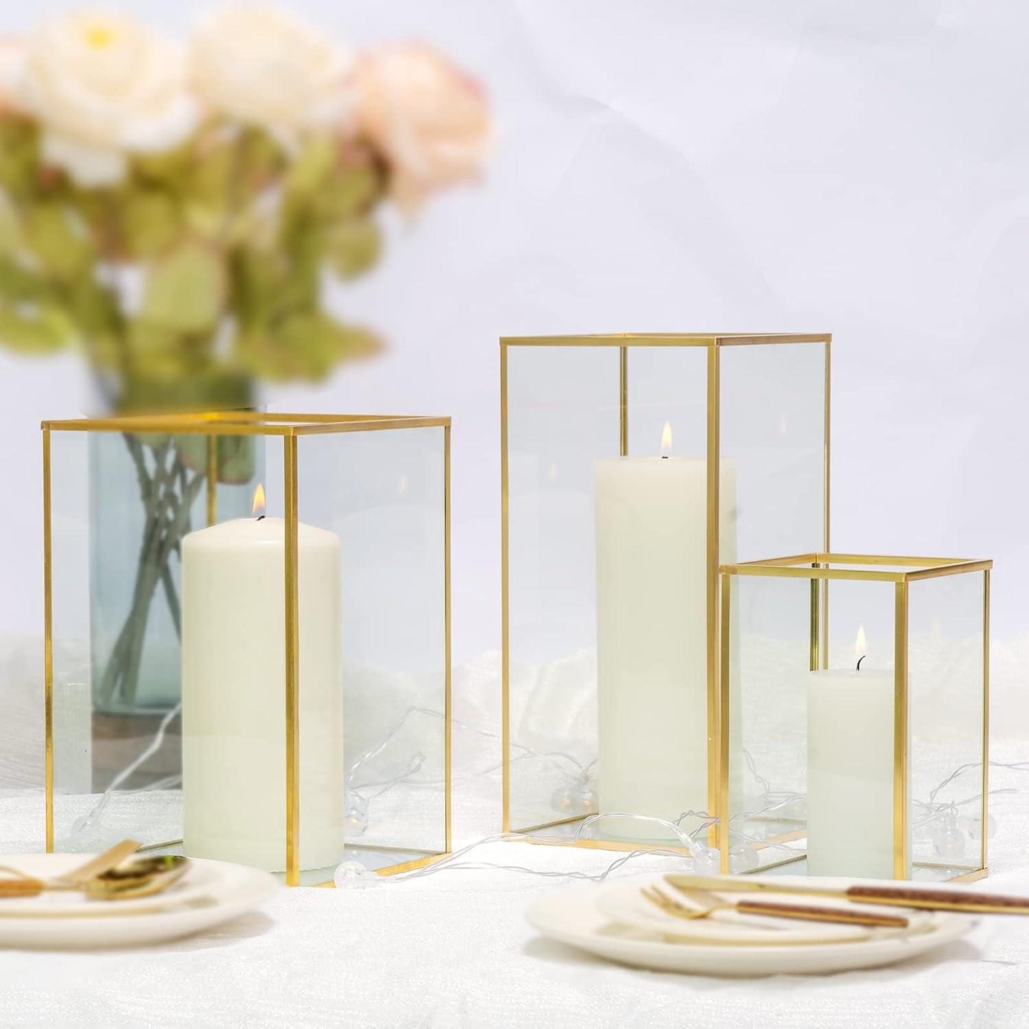 Gold Glass Hurricane Candle Holder Set of 3