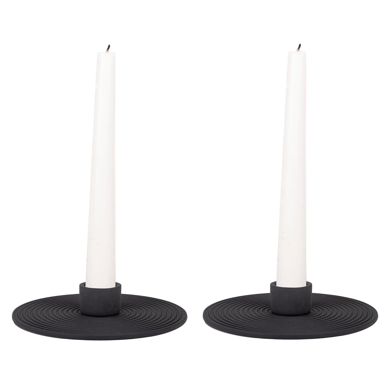 Elanze Designs Ribbed Ceramic , Mantle Decorations, Dining Table Centerpiece, Artisan, Candlestick Holder for Tapered Candles, Pack of 2, Black