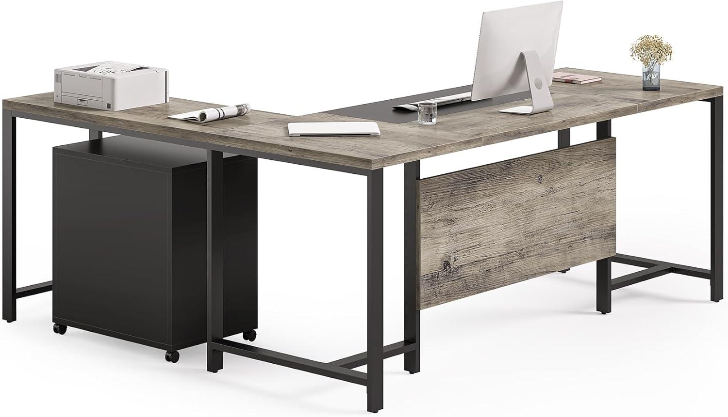 Tribesigns 70.8" Executive Desk with 55" File Cabinet, Industrial L Shaped Computer Desk, Large Executive Desk for Home Office, Walnut & White