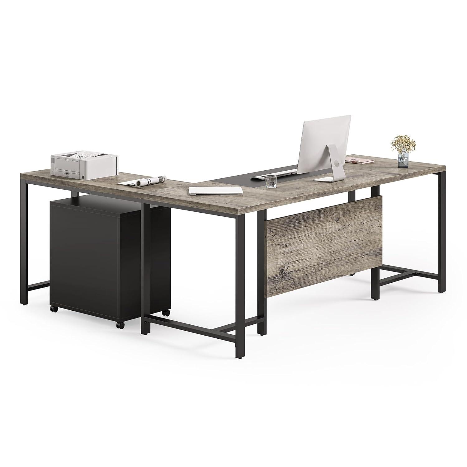 Tribesigns 70.8" Executive Desk with 55" File Cabinet, Industrial L Shaped Computer Desk, Large Executive Desk for Home Office, Walnut & White