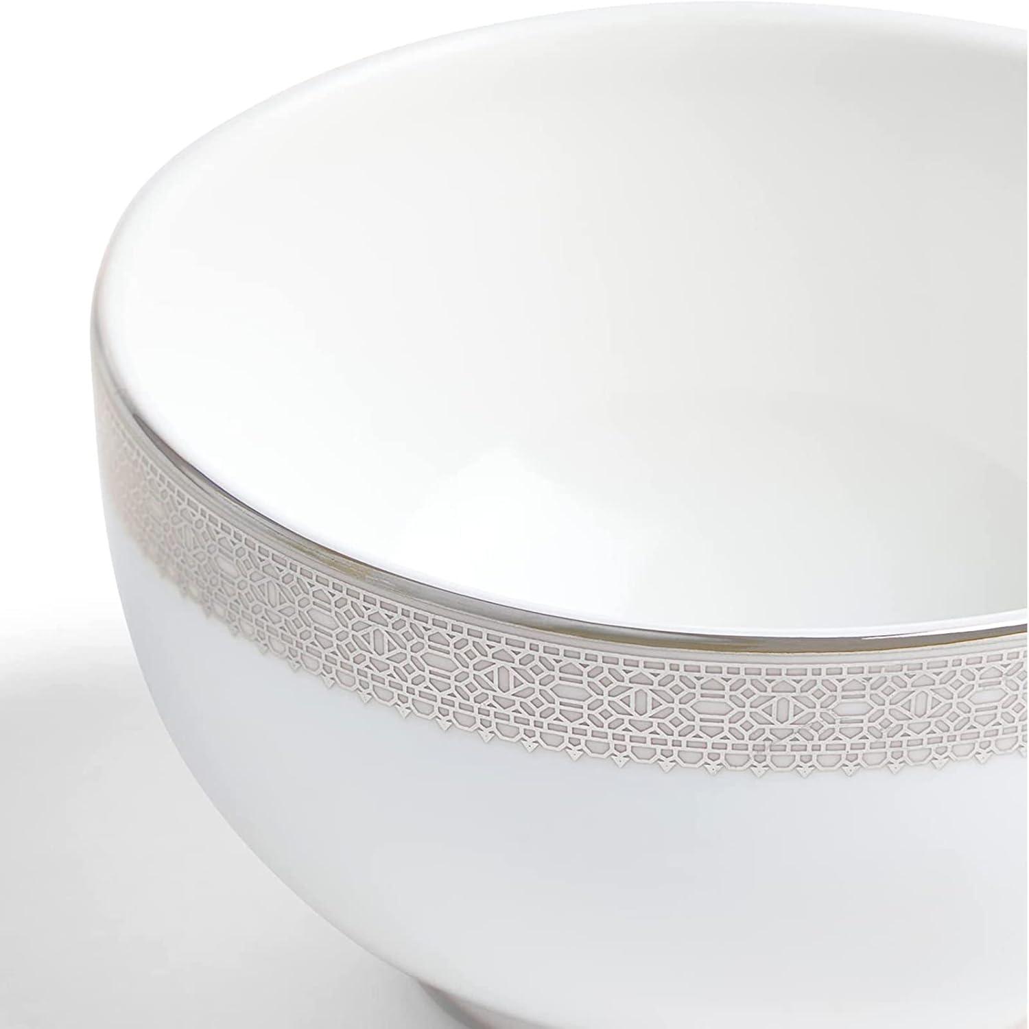 White Ceramic Round Rice Bowl with Platinum Band