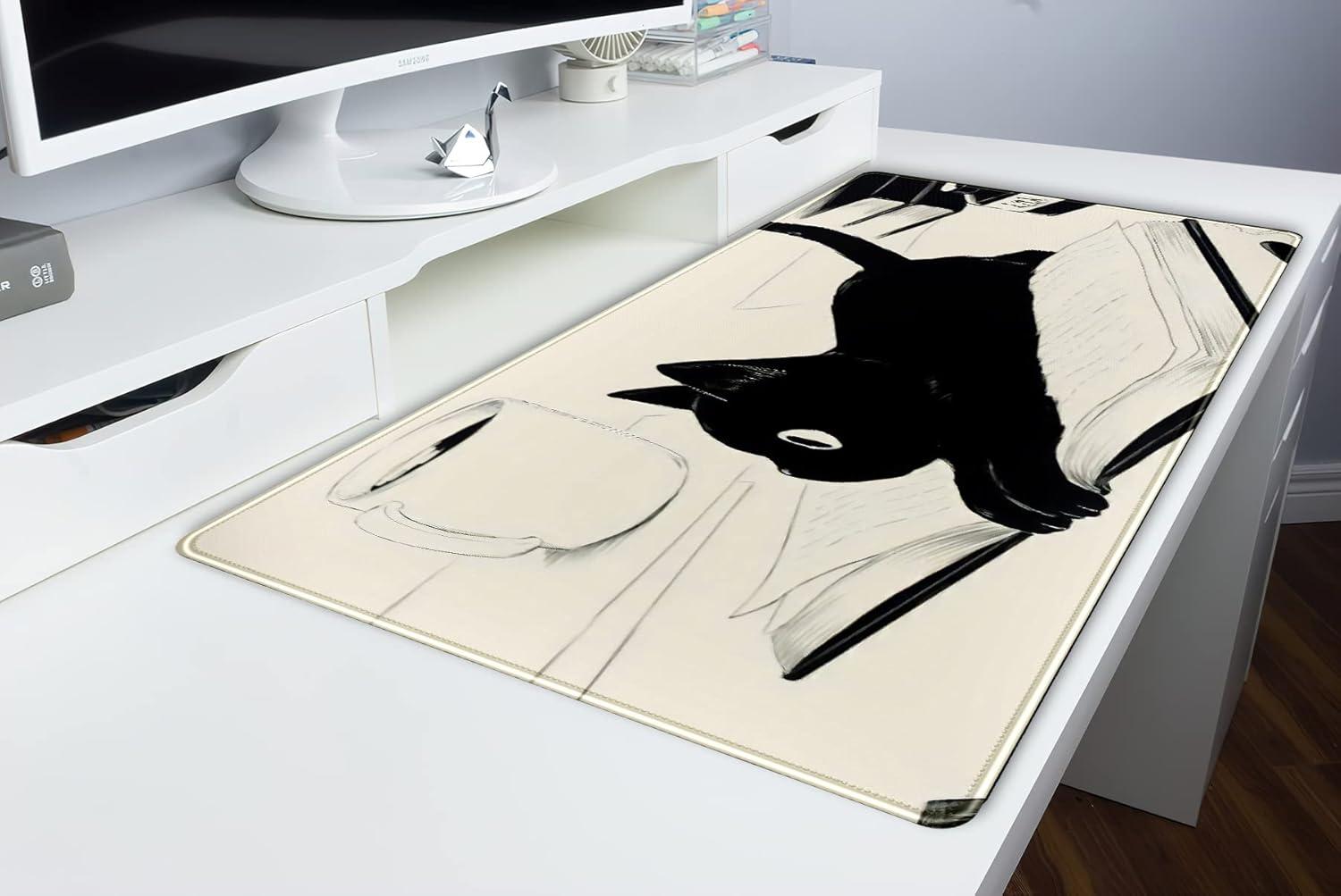 Cute Anime Cat Kawaii Desk Mat Beige Mouse Pads XXL, Anime Aesthetic Desk Pad Large, Cartoon Manga Gaming Deskmat Extend Keyboard Mat Pad, Desktop Decor Accessories for Women Girl 31.5x15.75 in
