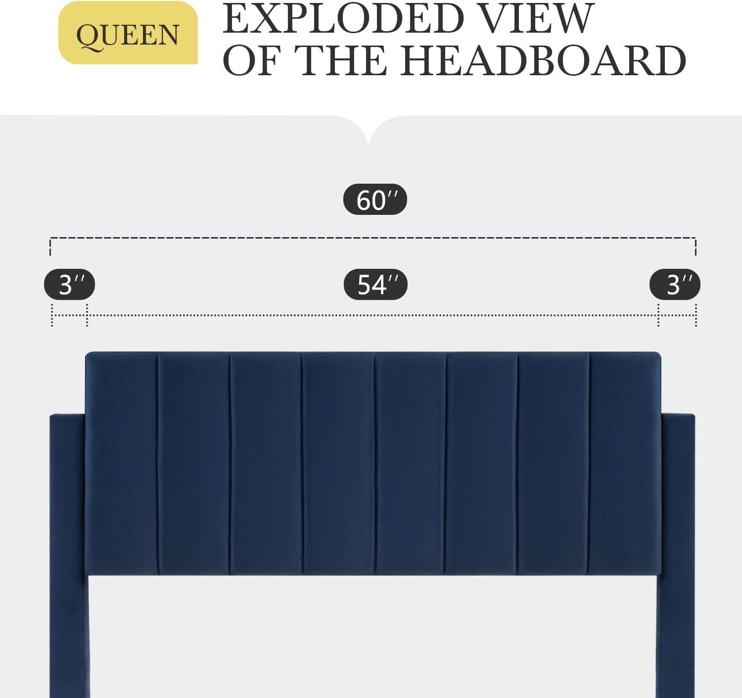 BizChair Queen Upholstered Platform Bed with Vertical Stitched Wingback Headboard, Slatted Mattress Foundation, No Box Spring Needed, Navy Velvet