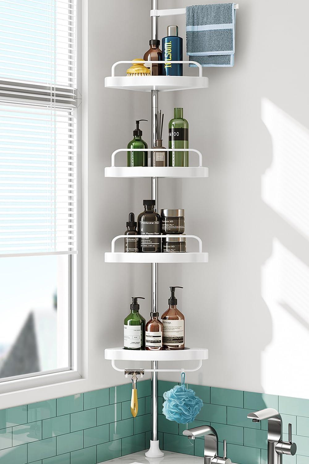 White and Stainless Steel 4-Tier Tension Pole Shower Caddy