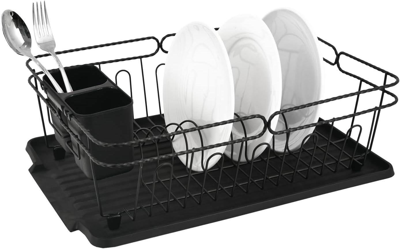 Trio Home Stainless Twist Design 3-Piece Dish Drying Drainer Rack, Removable Utensil Holder and Drainboard - Black/Black Twist