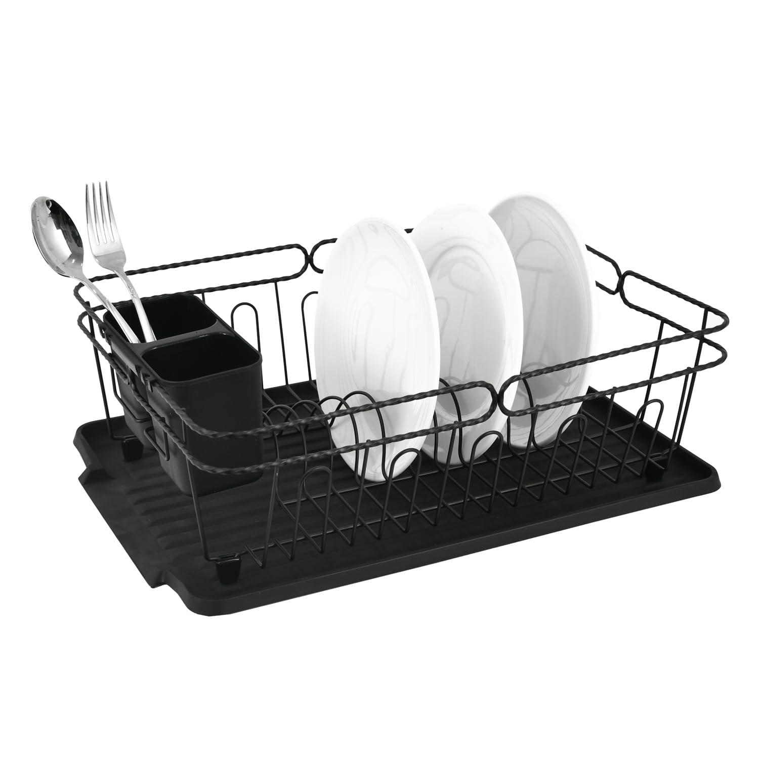 Trio Home Stainless Twist Design 3-Piece Dish Drying Drainer Rack, Removable Utensil Holder and Drainboard - Black/Black Twist