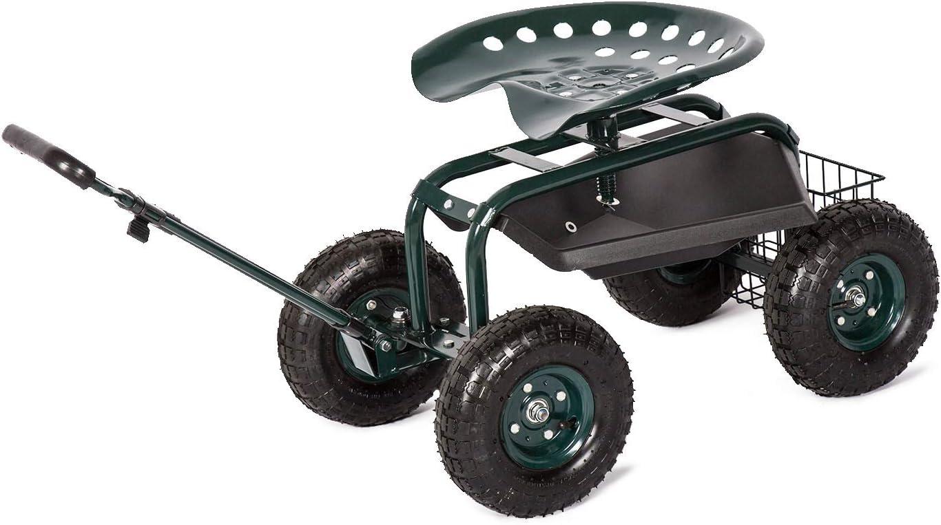 Rolling Garden Cart Scooter Stool - Garden Seat with Wheels Garden Cart with Seat, Adjustable Handle 360 Degree Swivel (Green)