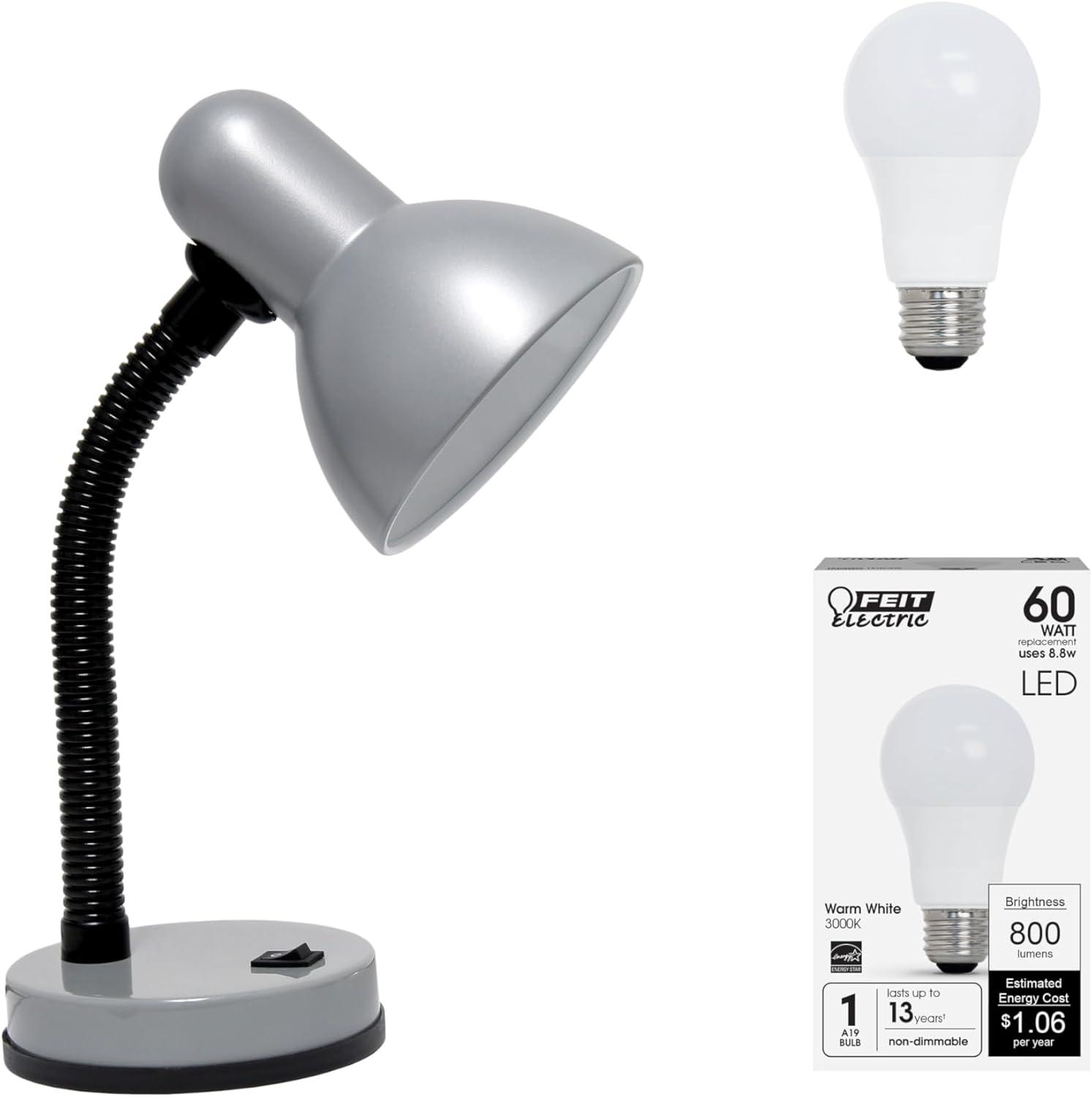 Basic Metal Desk Lamp with Flexible Hose Neck Silver - Simple Designs: ETL Listed, Adjustable, No Assembly Required