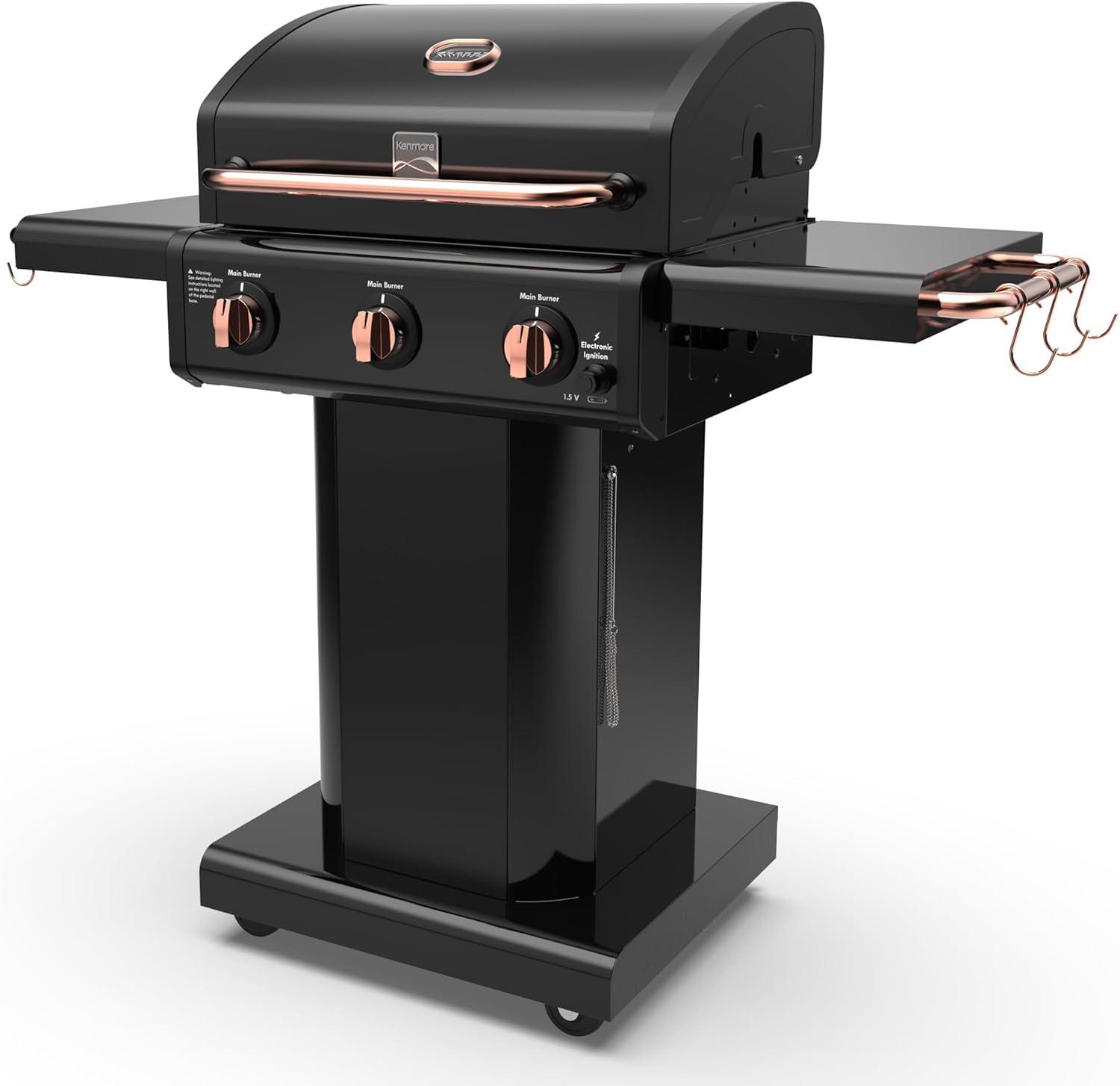 Kenmore 3-Burner Propane Gas Grill with Foldable Side Tables for Outdoor BBQ