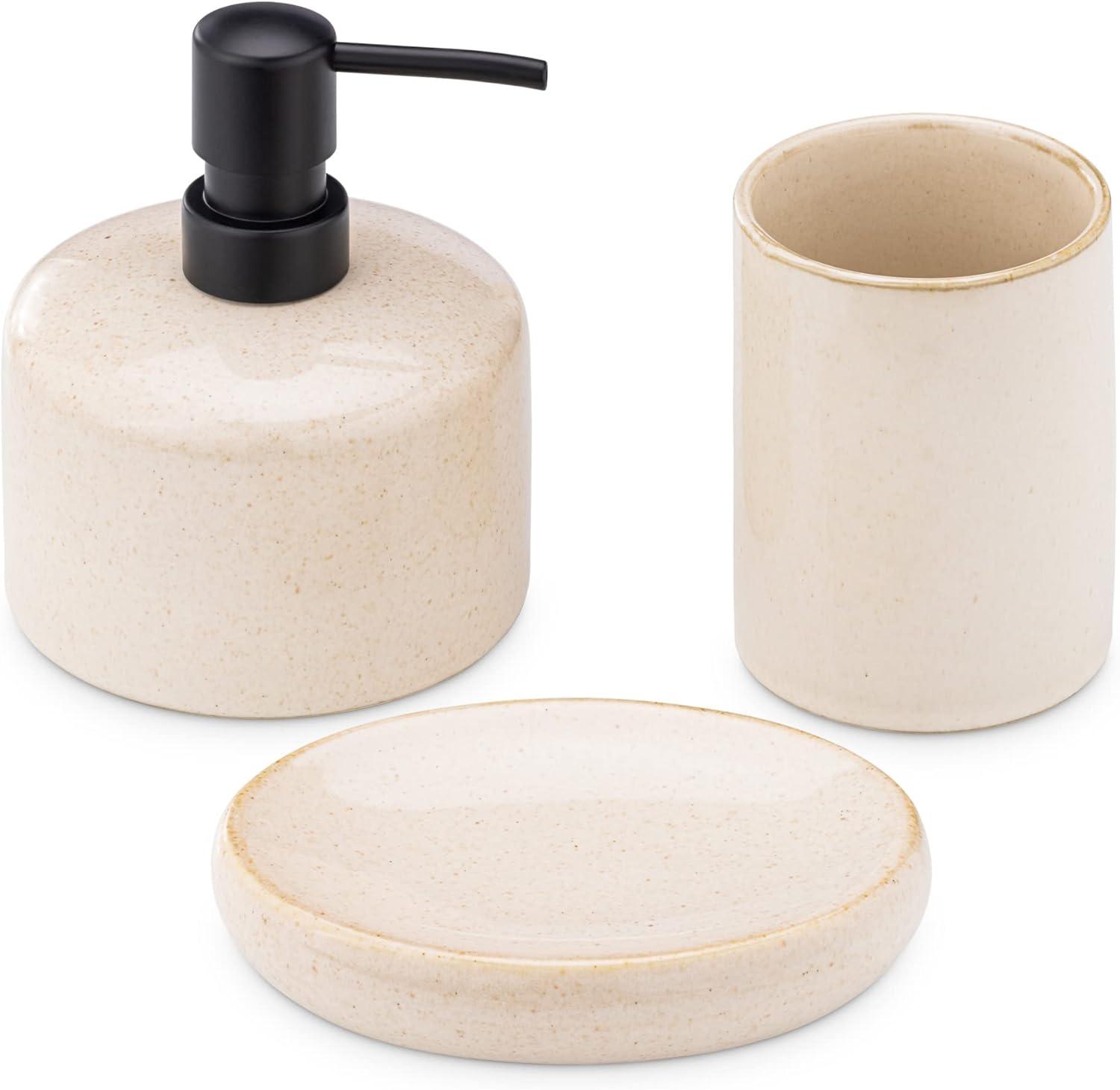 Navaris Ceramic Bathroom Accessories Set (3 Pieces) - Includes Soap Dispenser, Toothbrush Holder, Soap Dish - Modern Bath Accessory Holders - Sand