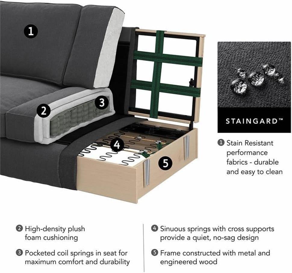 Coventry Chaise Lounge with Arms in Charcoal Gray Herringbone Fabric