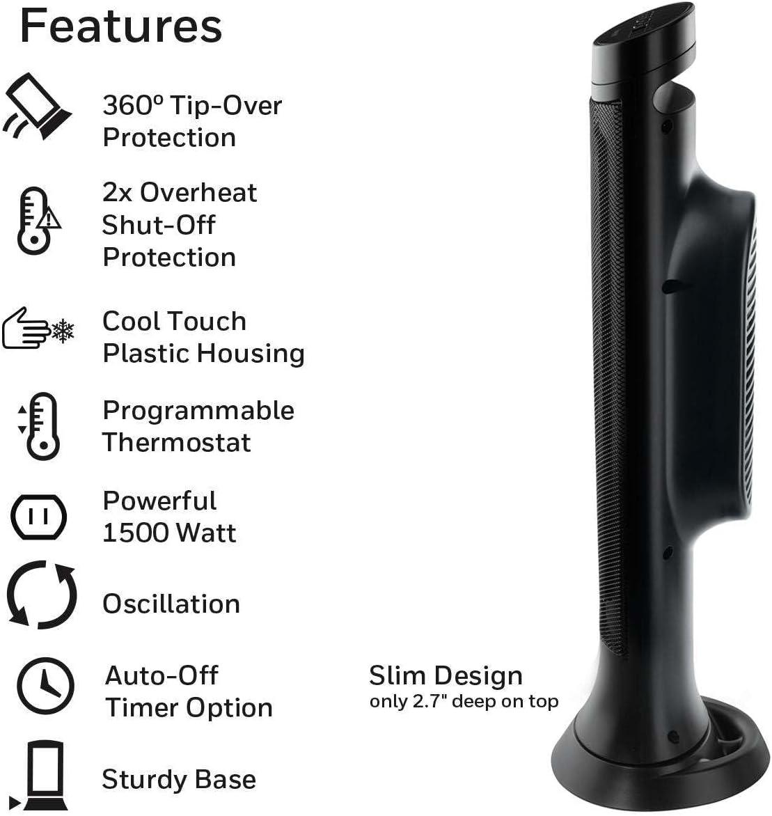 Honeywell Slim Ceramic Tower Heater Black: Indoor Space Heater, Adjustable Thermostat, 1500W, Fan Driven, No Assembly Required