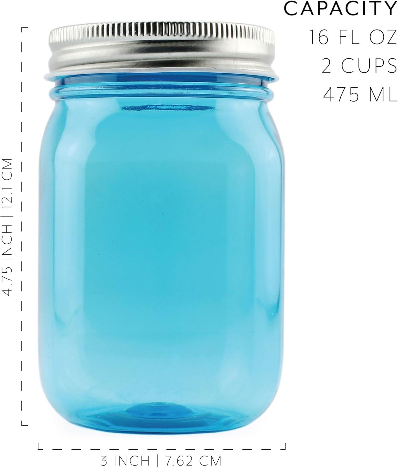 Cornucopia Brands 16oz Plastic Mason Jars 8pk, Blue/Silver; Mason Jar Style w/ Metal Lids, Pint Size, Compatible w/ Regular Mason Jar Lids