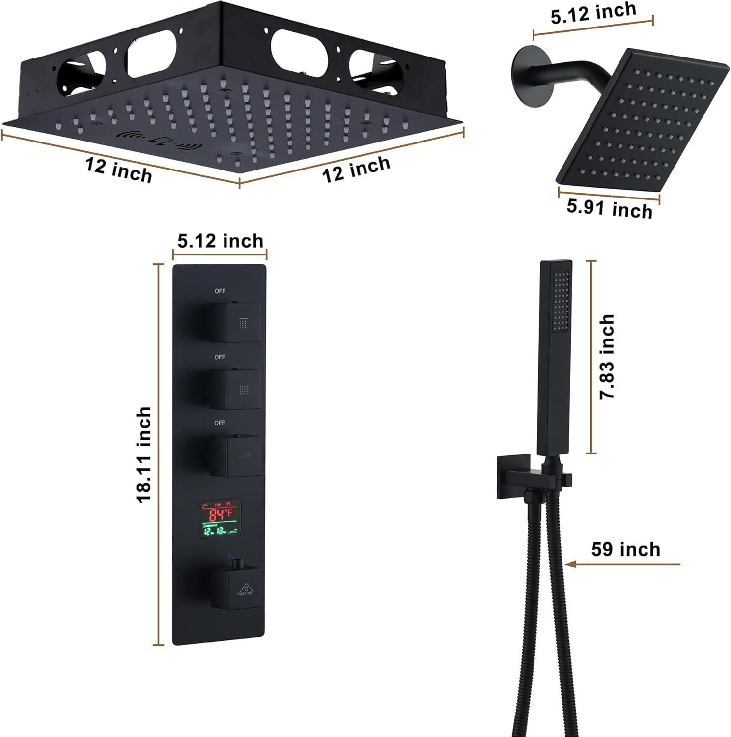 Rodeo 27.5-Inch LED&Music Rainfall Thermostatic Shower System with Slide Bar and 2-in-1 Handheld