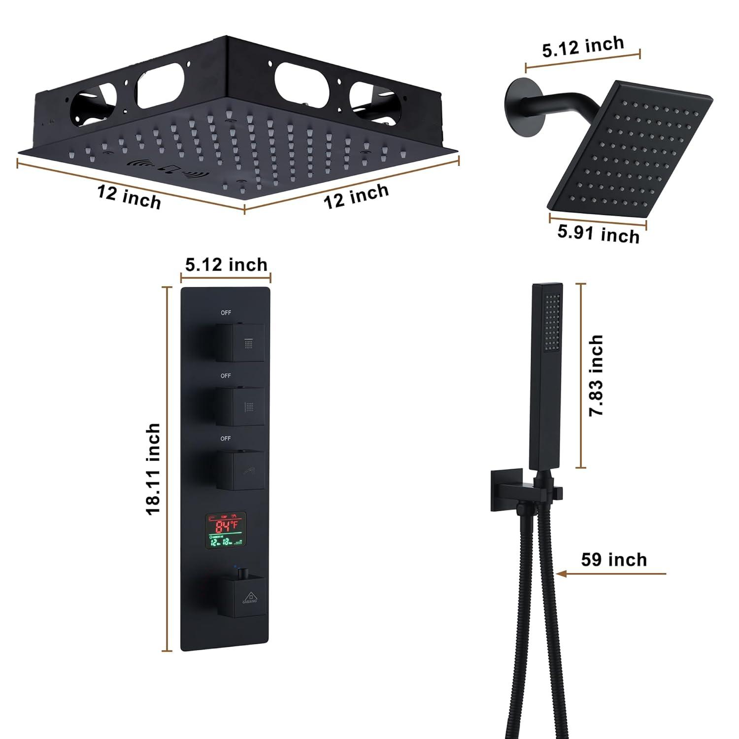 Rodeo 27.5-Inch LED&Music Rainfall Thermostatic Shower System with Slide Bar and 2-in-1 Handheld
