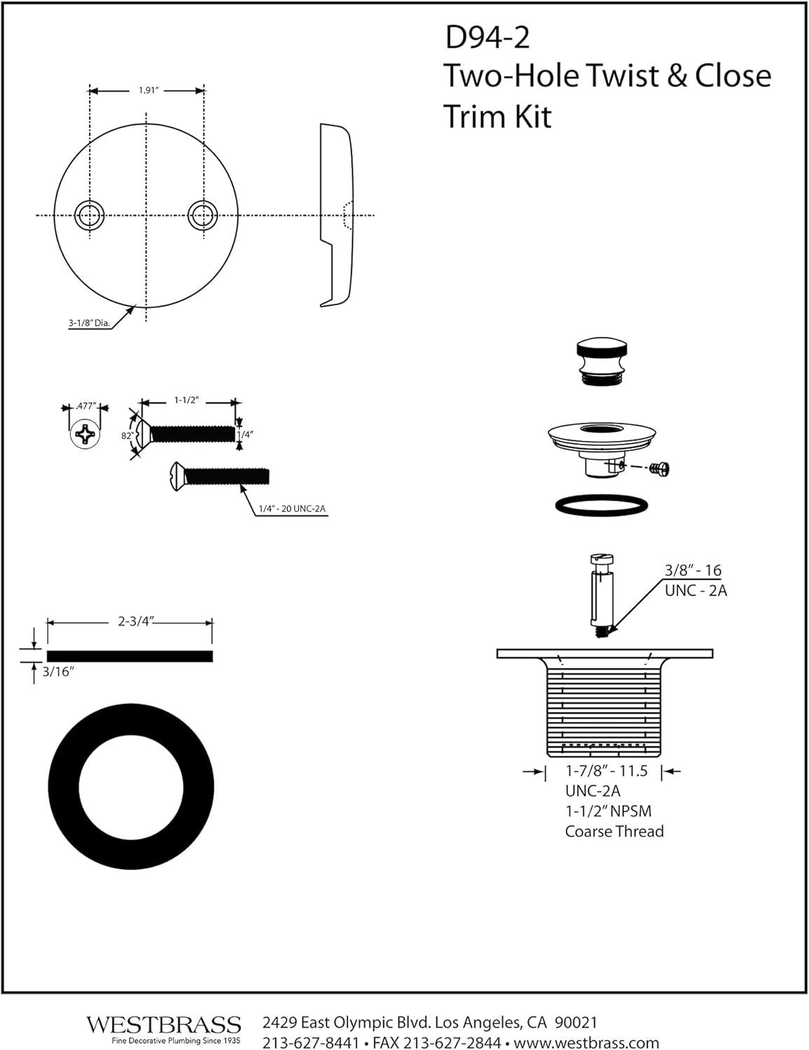 1-1/2" Coarse Thread Twist & Close Bathtub Drain Trim with Two-Hole Overflow
