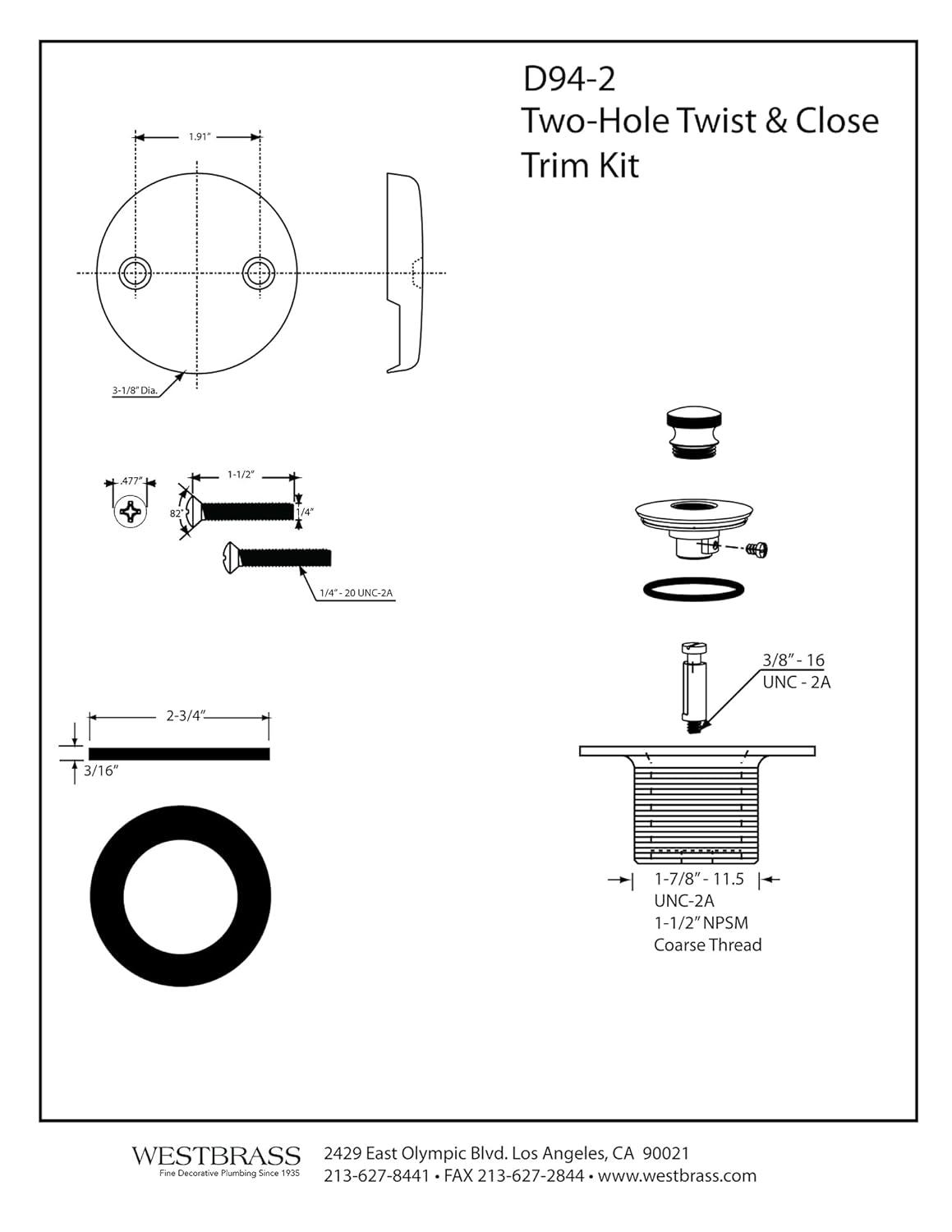 1-1/2" Coarse Thread Twist & Close Bathtub Drain Trim with Two-Hole Overflow