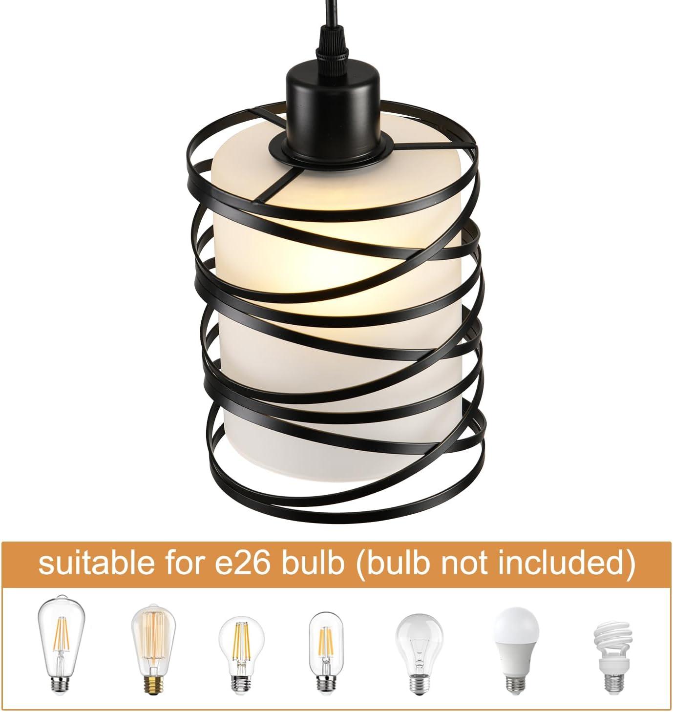 2 Pack Pendant Light Kitchen Island Pendant Lighting, Hanging Light with Spiral Cage Frosted Glass Shade, Black Modern Indoor Hanging Lamp for Dining Room Kitchen Island