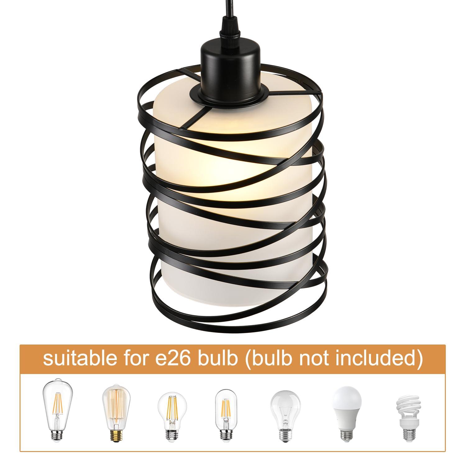 2 Pack Pendant Light Kitchen Island Pendant Lighting, Hanging Light with Spiral Cage Frosted Glass Shade, Black Modern Indoor Hanging Lamp for Dining Room Kitchen Island