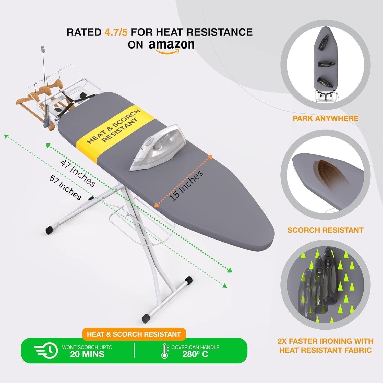 Full Size Gray Ironing Board with Metal Construction and Storage Tray