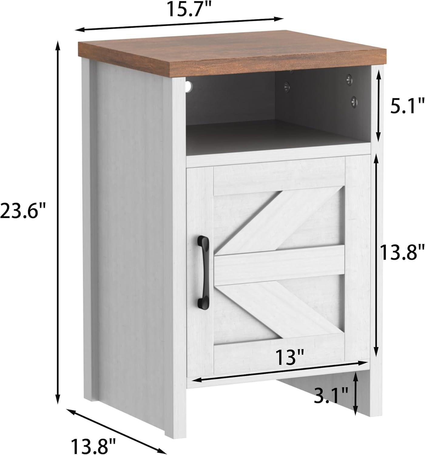 Farmhouse Nightstand, Modern Bedside Table Set of 2 with Barn Door and Shelf, Rustic End Table Side Table for Bedroom, Living Room (White)