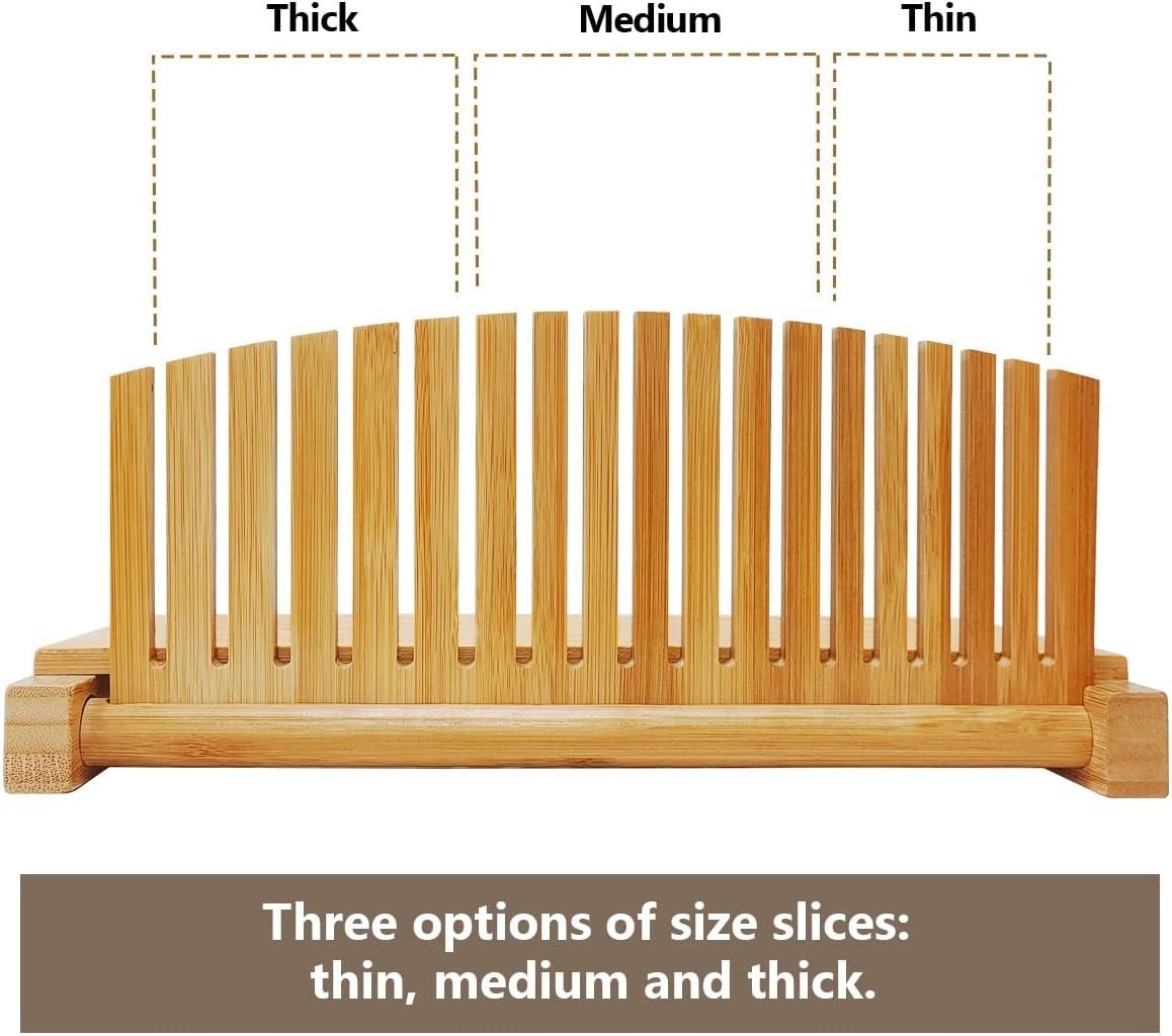 Premium Bamboo Bread Slicer for Homemade Bread, Crumb Catcher, Foldable and Compact Loaf Cutter 3 Size Slicing Guide