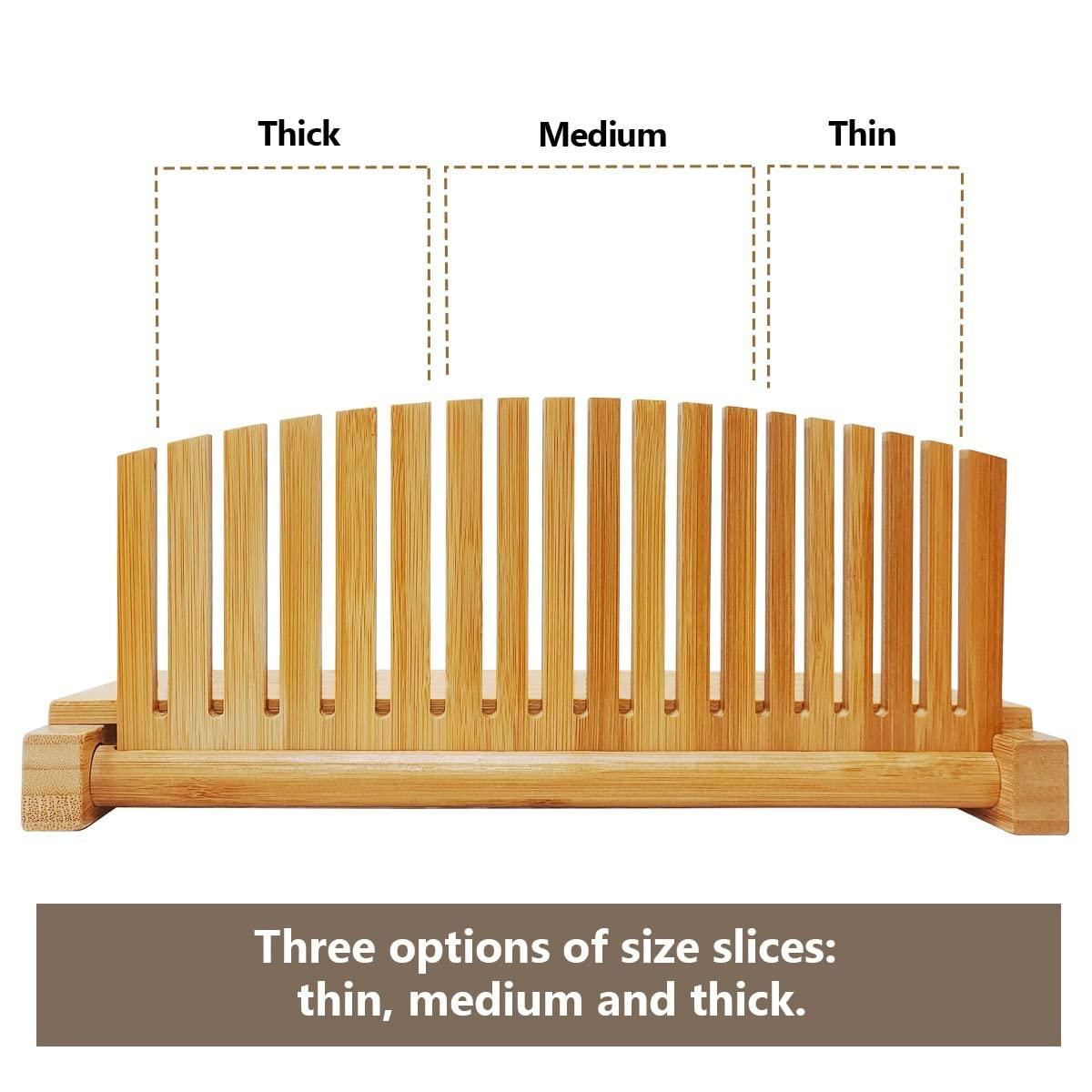 Premium Bamboo Bread Slicer for Homemade Bread, Crumb Catcher, Foldable and Compact Loaf Cutter 3 Size Slicing Guide