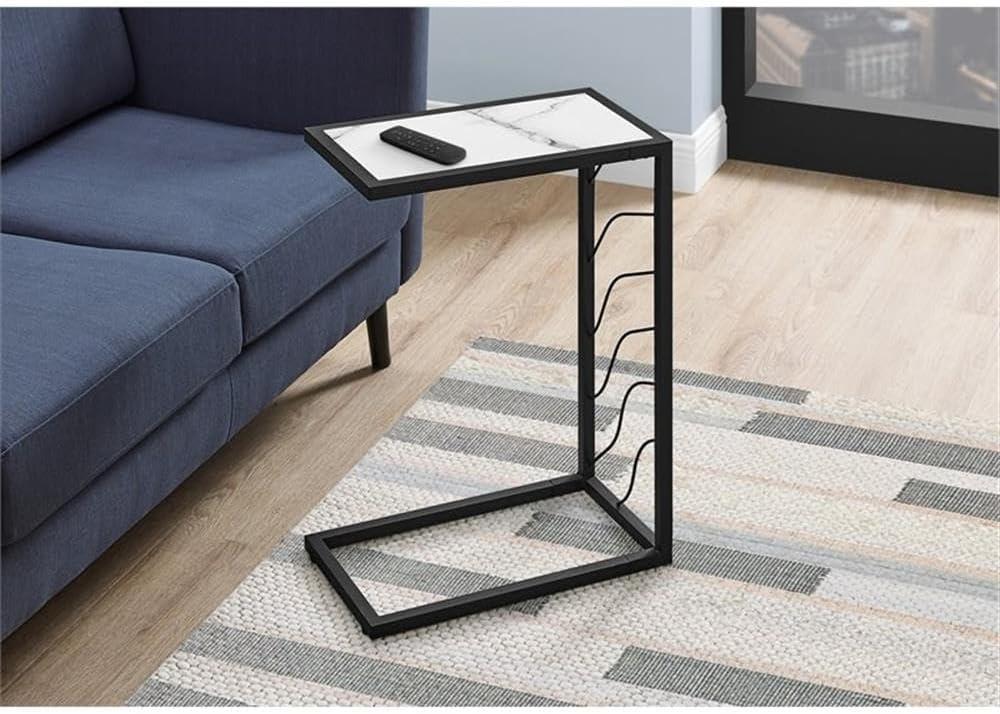 Monarch Specialties Accent Table C-Shaped End Side Snack Living Room Bedroom Metal Laminate White Marble Look Black Contemporary Modern